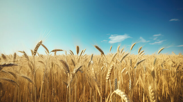 Beautiful Wheat filed shot and sunny day with blue sky with generative ai 