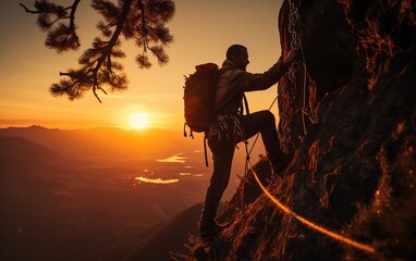 Ascending Sunsets: A Photo of a Silhouette Climbing. Generative Ai