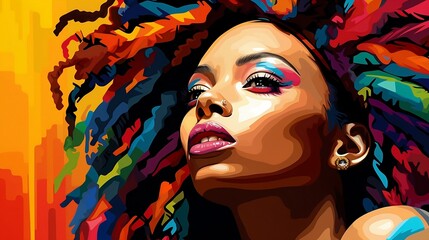 Close-up portrait of a beautiful ethnic African American woman with dark skin with bright makeup and colored dreadlocks hairstyle. Pop art vector illustration on orange background.