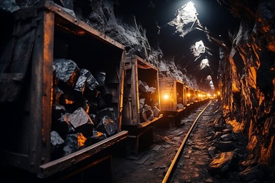 Coal mine underground ore tunnel with mining rail, Generative Ai.