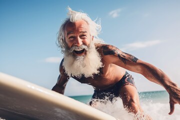 Senior men having fun surfing Sporty bearded man training with surfboard on the beach