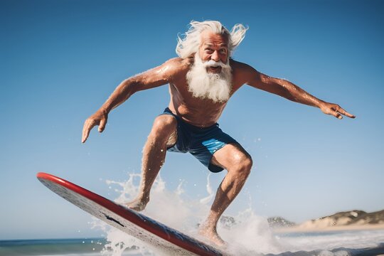 Senior men having fun surfing Sporty bearded man training with surfboard on the beach