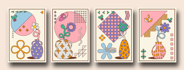 Fototapeta na wymiar Colorful retro cartoon posters with Geometric shapes and bstract organic flowers and vases. trendy playful Groovy, funky, trippy, hippie, 60s, 70s aesthetic. bauhaus inspired.