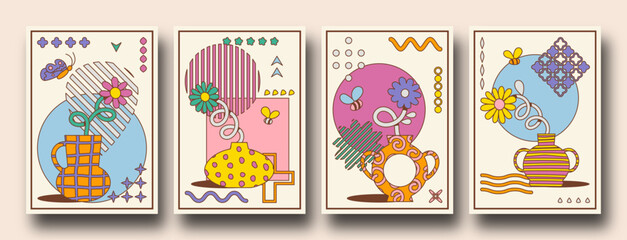Colorful retro cartoon posters with Geometric shapes and bstract organic flowers and vases. trendy playful Groovy, funky, trippy, hippie, 60s, 70s aesthetic. bauhaus inspired.