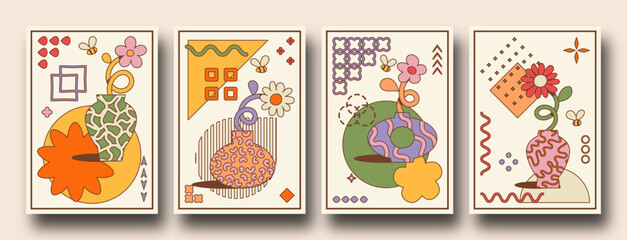 Colorful retro cartoon posters with Geometric shapes and bstract organic flowers and vases. trendy playful Groovy, funky, trippy, hippie, 60s, 70s aesthetic. bauhaus inspired.