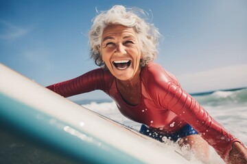 senior women having fun surfing Sporty woman training with a surfboard on the beach