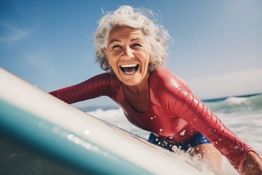 senior women having fun surfing Sporty woman training with a surfboard on the beach