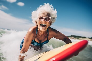 fit senior women having fun surfing Sporty woman training with surfboard on the beach - Elderly healthy people lifestyle and extreme sport concept