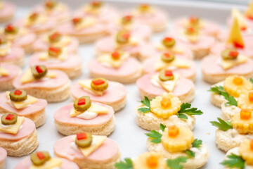 appetizers with ham, gherkin, cheese and red pepper
