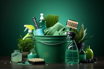 Green cleaning bucket with cleaning products on a white background, Generative Ai - obrazy, fototapety, plakaty