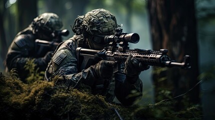 Group of mercenary soldiers during an ambush in the forest. They aim at the enemy, hiding behind the trunks of fallen trees.