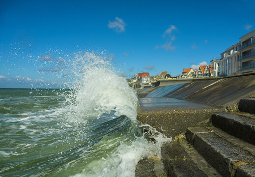 France, Wimereux, Waves splashing against seawall