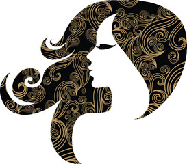 Modern line art vector illustration of beautiful woman with long hair and orchid tattoo. Fashion and beauty 
