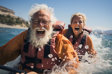Happily retired couple enjoying travel moment paddling on kayak