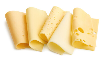 Group of different rolled cheese slices isolated on white background