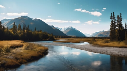 A beautiful water flows next to mountains in Alaska on sunny weather, natural minimalistic landscape scenery  