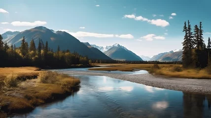  A beautiful water flows next to mountains in Alaska on sunny weather, natural minimalistic landscape scenery   © 1by1step