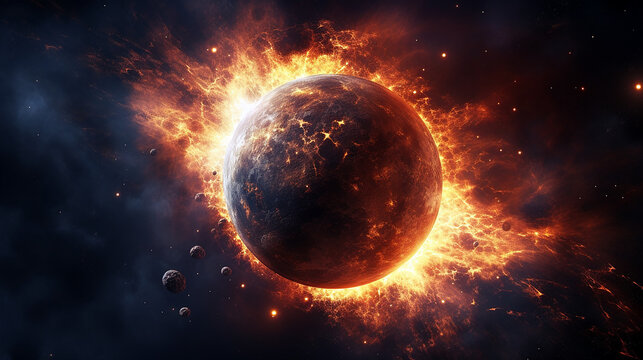 planet in front of its sun in space. Space background wallpaper for desktop