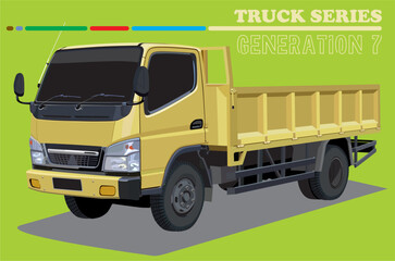 A Yellow Truck with an Open Bed in Vector Design, Showcasing Detailed Parts on a Green Background.