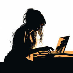 The girl at the table works on the computer. art