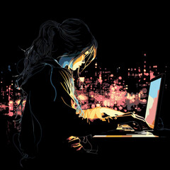 The girl at the table works on the computer. art