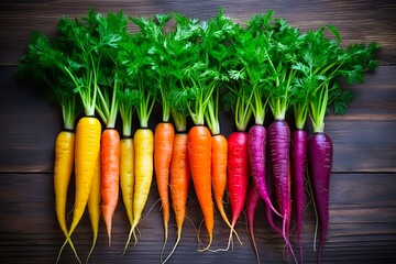Colorful Carrots: Fresh and Healthy Bunch of Carrot Roots - Vibrant Orange, Purple and Yellow on Wooden Background with Copy Space. Generative AI