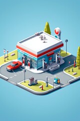 Isometric Gas Station Building with Car Fuel Refill. Industry Design Illustration with Gasoline and Fuel Keywords. Generative AI