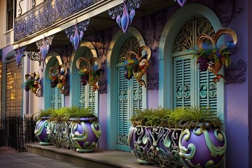 Mardi Gras in New Orleans: Stunning Ironwork Decorations on French Quarter Streets. Generative AI