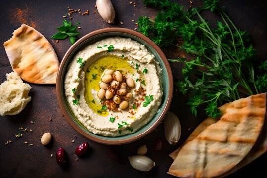 Delicious White Bean Hummus Dip with Baked Garlic and Dried Herbs, Served with Bread and Baguette. Top View with Copy Space. Generative AI