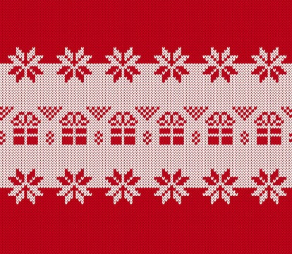 Red and white christmas seamless pattern with hut, snowflakes. Knit print with flowers and houses. Knitted sweater background. Xmas geometric texture. Holiday fair isle ornament. Vector illustration