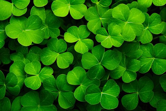 St. Patrick's Day Concept: Natural Green Foliage of Shamrocks on a Shallow Depth of Field Photo. Generative AI