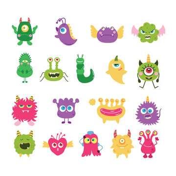 Cute Monsters Vector Illustration.  Creature cartoon character drawings. Monsters illustration. Alien clip art. Creepy critter graphic collection.