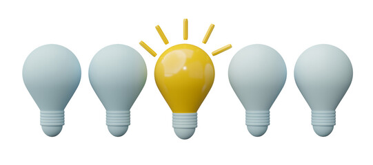 3D render, Yellow light bulb standing out from the unlit incandescent blue bulbs isolated on transparent background. Different creative idea concepts