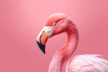 Standing pink flamingo close-up on a pink background.