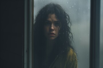 Person looking through a foggy window, their fearful gaze fixated on something outside that remains hidden. Generative AI