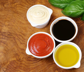 various sauces ketchup, mayonnaise and soy sauce