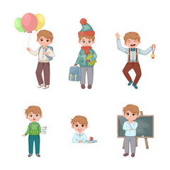 Set of 6 vector illustrations with a schoolboy