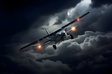General aviation propeller plane flying through thunderstorm, heavy rain, lightning strike, storm, generative ai