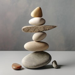 Stones balance. Pebbles pyramid on gray background. For banner, book illustration. Created with generative AI tools
