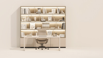 Beige is a trend colour year 2023 interior workspace, minimal office table desk. Minimal idea concept for study desk, bookshelf and feminine. Mockup template, 3d rendering	