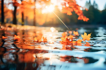 water reflection at sunset in autumn leaves on the lake ai generated art 