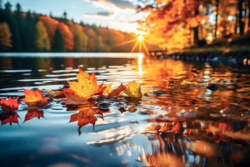 Fotobehang fail foilage autumn landscape with lake and trees ai generated art © mihail