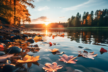 lake in autumn at sunset ai generated art  - obrazy, fototapety, plakaty