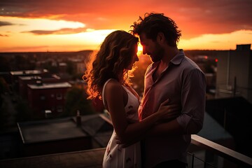Loving couple on rooftop at sunset. True love happens once in a lifetime.