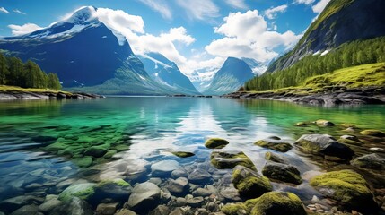 Beautiful Nature Norway natural landscape. lovatnet lake Generative AI - obrazy, fototapety, plakaty