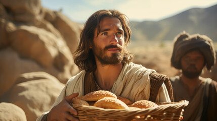 Portrait of the apostle Peter holding a basket full of bread. Miracle of the five loaves and two...