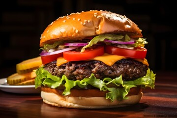 Burger, juicy American beef burger, fastfood, beef patty, bbq, barbecue, Generate Ai 