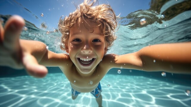 Happy kid having fun swimming underwater, Healthy lifestyle, people water sport activity, swimming lessons on holidays with kids.