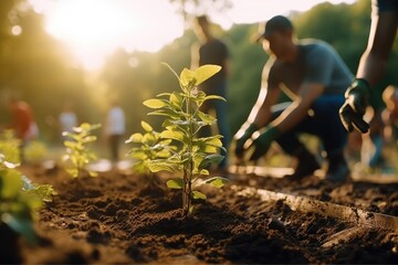 Group of happy volunteers planting tree, Environment and reforestation concept.