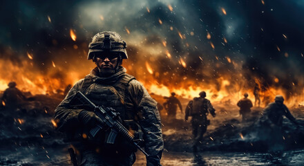 Naklejka premium Soldier in the middle of a war in an apocalyptic city, Military operation.